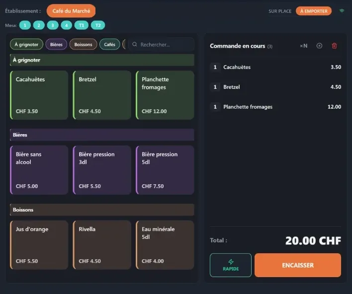 La caisse tactile : produits, tables, ticket en cours et total