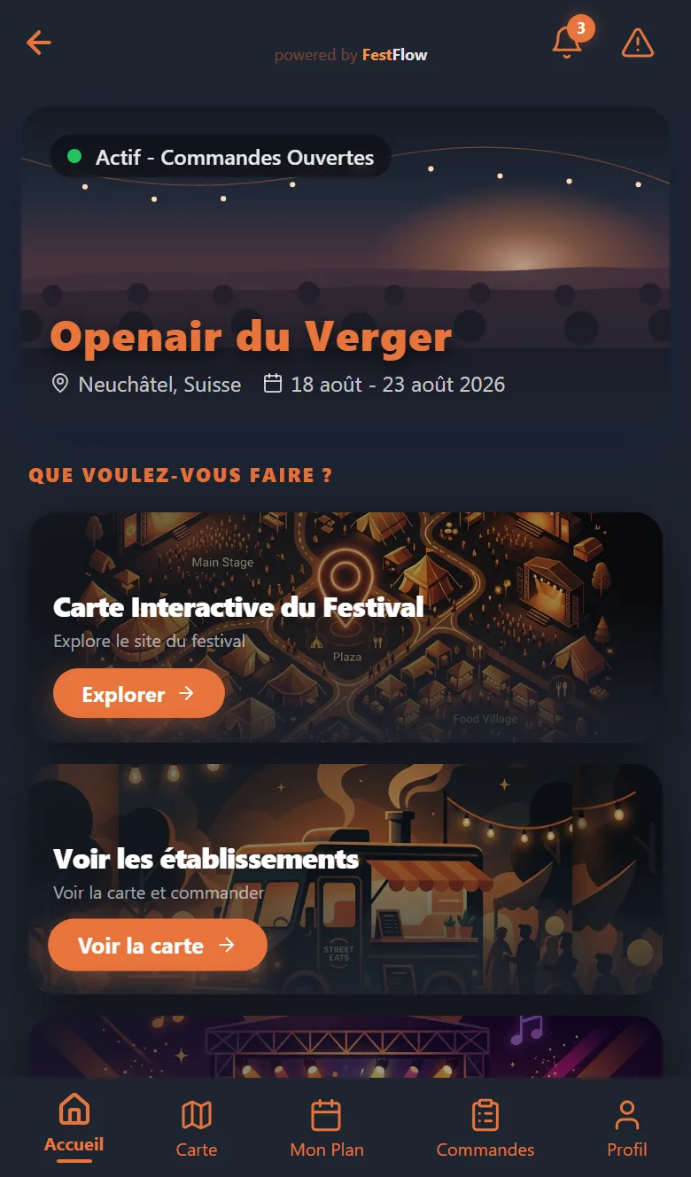 L’accueil du festival dans l’application : dates, état et raccourcis