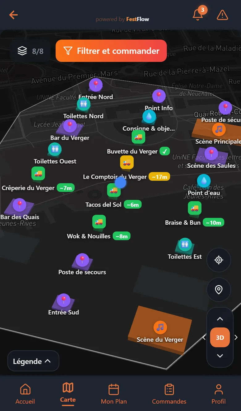 Le plan du site : les stands avec leur temps d’attente, les toilettes, l’entrée et le point info