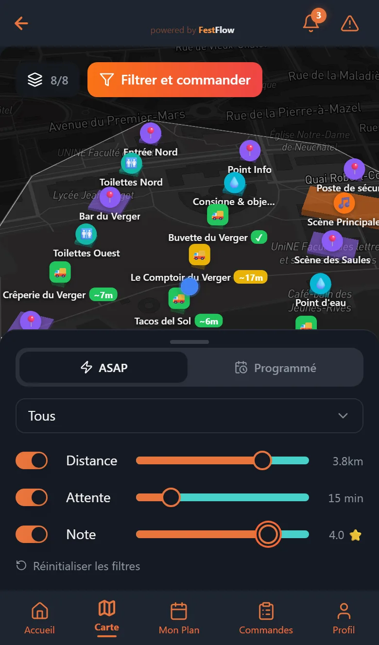 Filtrer les stands par cuisine, distance, attente et note