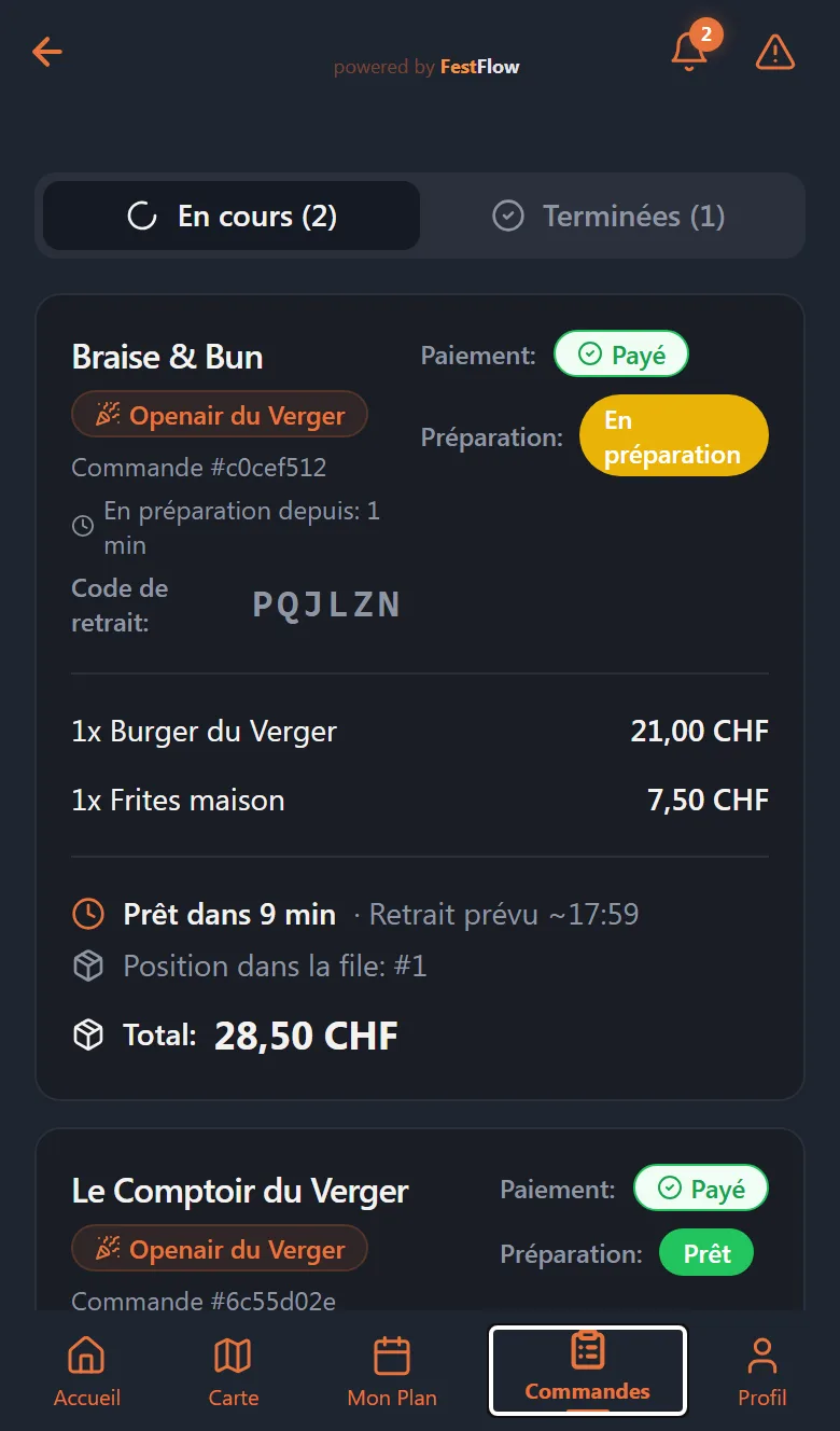 Le suivi de la commande : heure de retrait, file et total en CHF